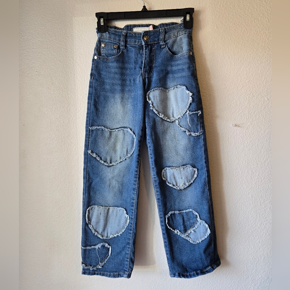 Girl's Denim Jeans with Y2K Style Patchwork Heart Accents, Straight Leg Size 8